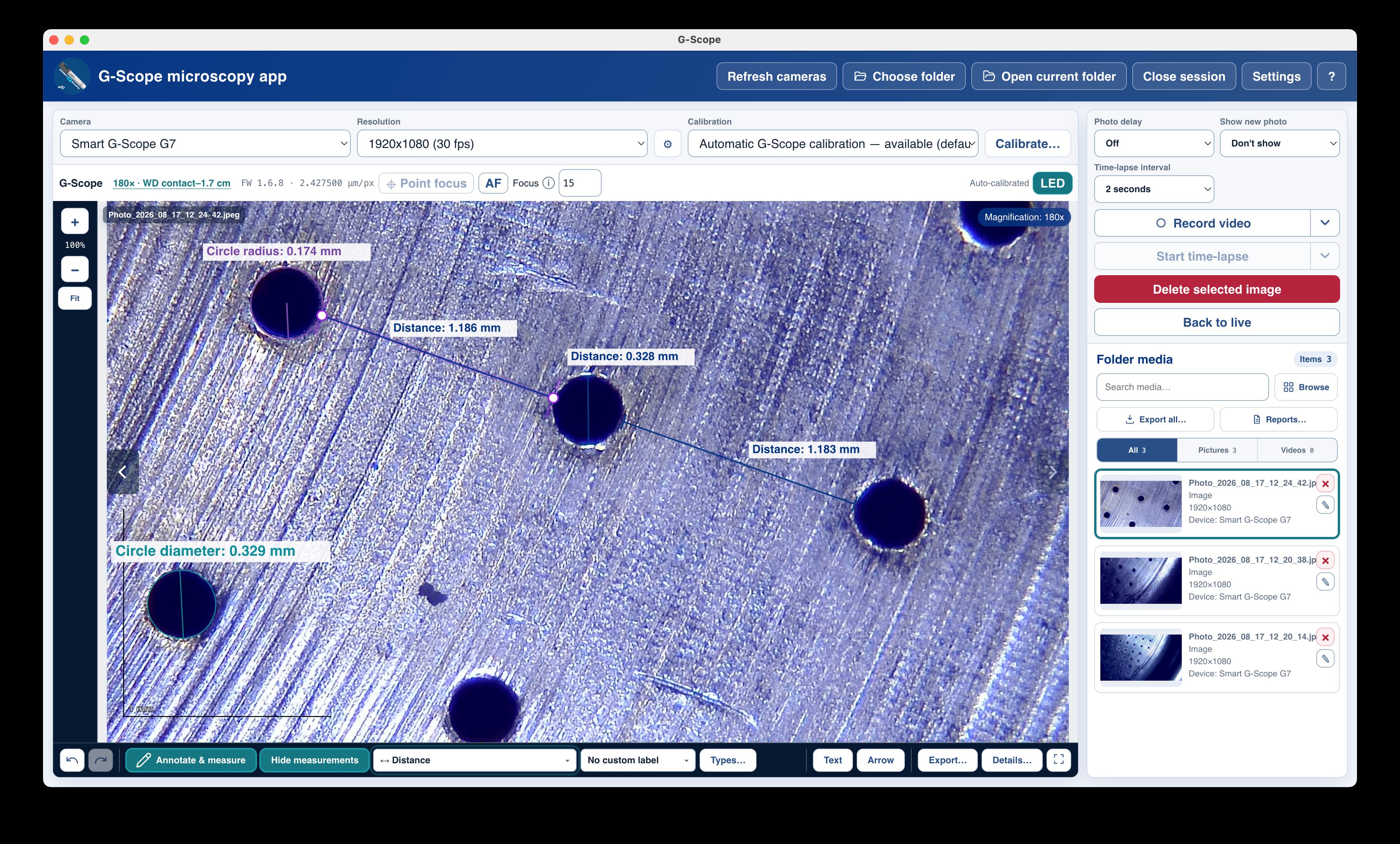 Calibrated distance measurement on a microscope image